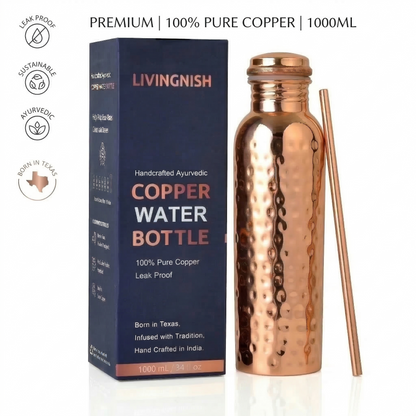 100% Pure Ayurvedic Copper Water Bottle - Hammered Glossy Finish