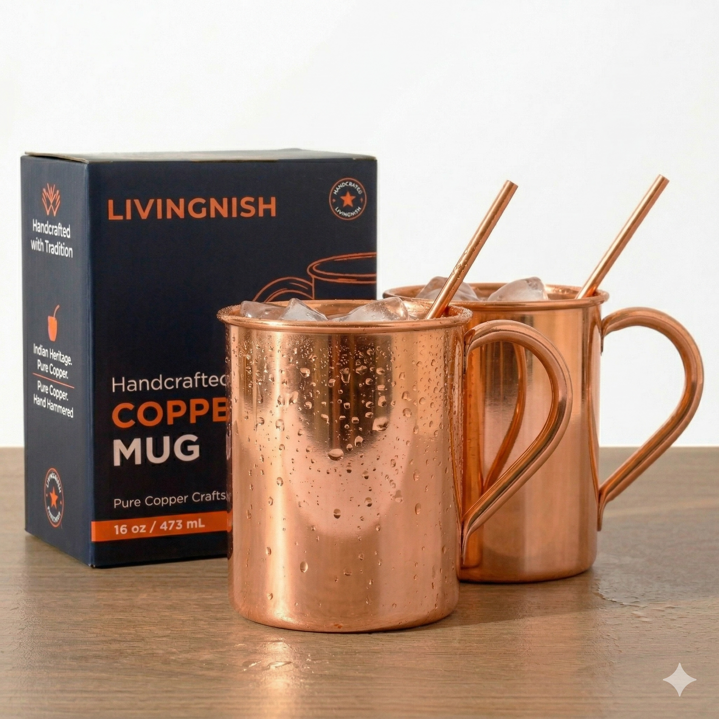 100% Pure Copper Mug 4 pcs Set( 2 Mugs, 2 Straw) |Handcrafted, Heavy Gauge | Moscow Mule Cup