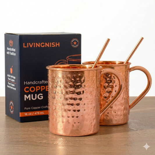 100% Pure Copper Mug 4 pcs Set( 2 Mugs, 2 Straw) |Handcrafted, Heavy Gauge | Moscow Mule Cup