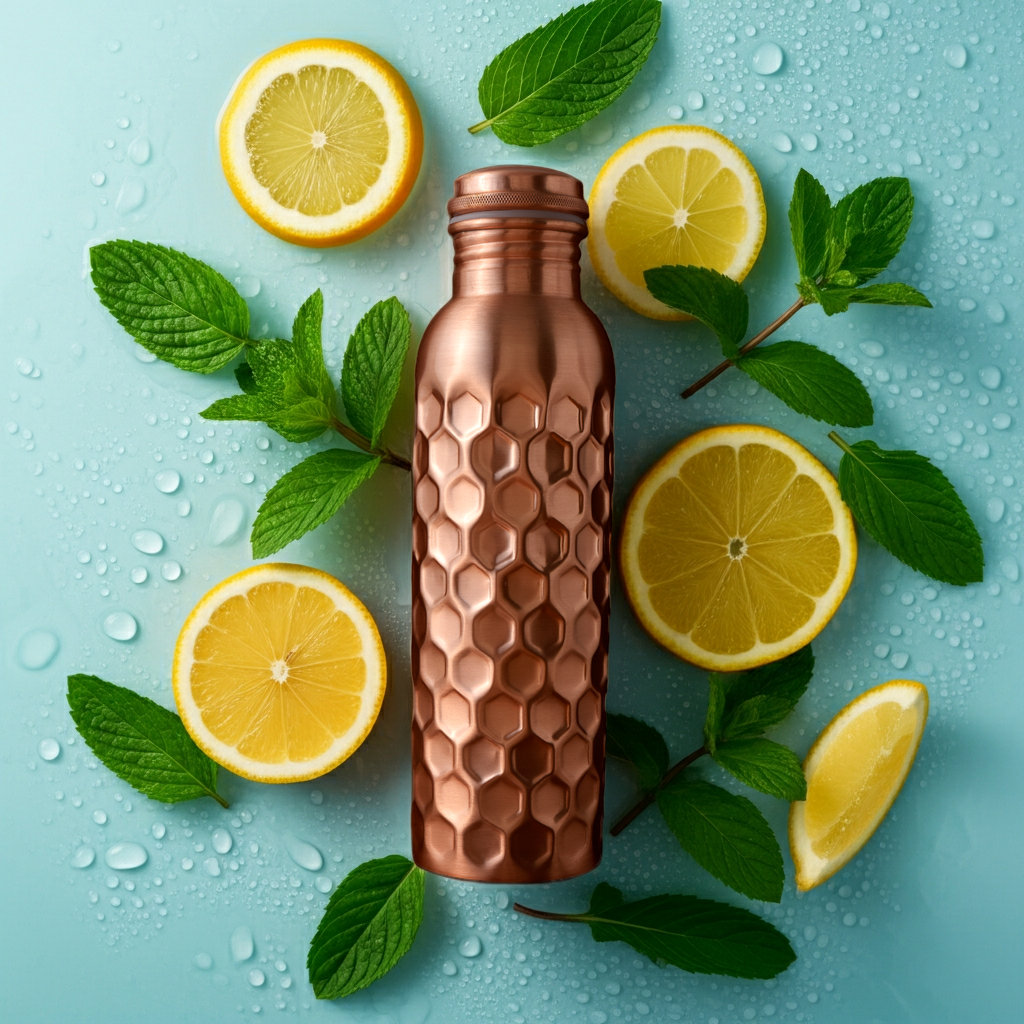Honeycomb 100% Pure Ayurvedic Copper Water Bottle with Free Straw and Canvas Bag, surrounded by fresh lemon slices and mint leaves on a wet surface.