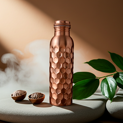 Honeycomb 100% Pure Ayurvedic Copper Water Bottle with textured hexagonal design, ideal for yoga, fitness, and wellness routines at home or on-the-go.