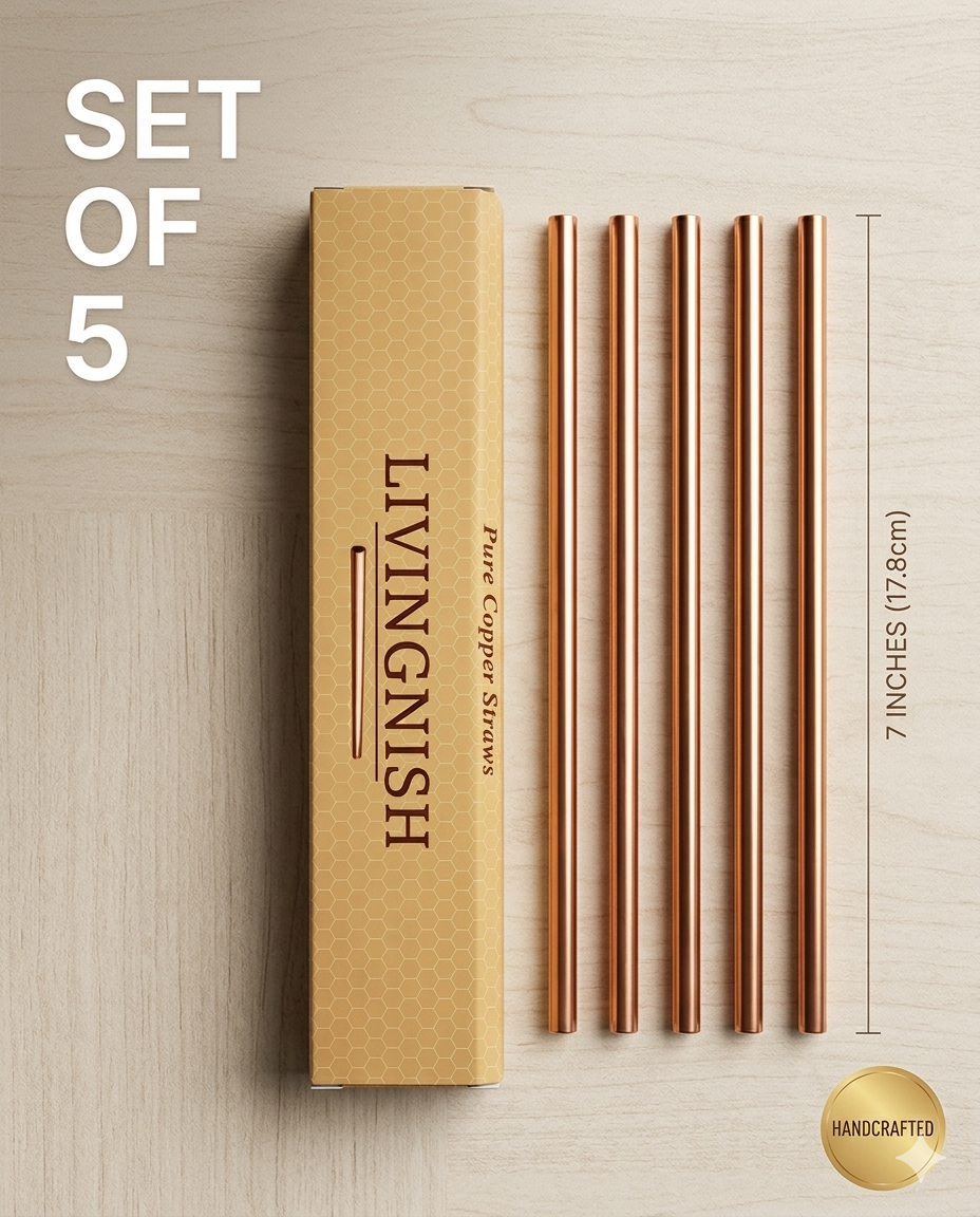 Premium Pure Copper Straws – Set of 5 | 7-Inch Reusable Drinking Straws | Third-Party Lab Tested | Livingnish