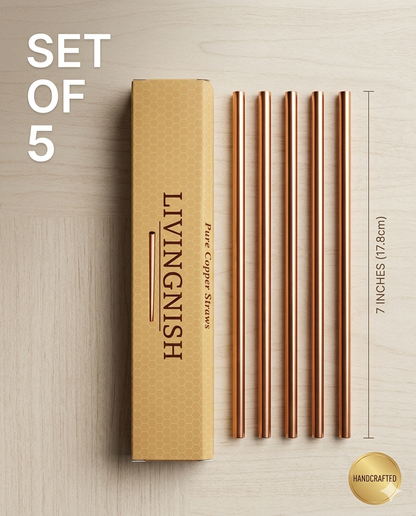 Premium Pure Copper Straws – Set of 5 | 7-Inch Reusable Drinking Straws | Third-Party Lab Tested | Livingnish