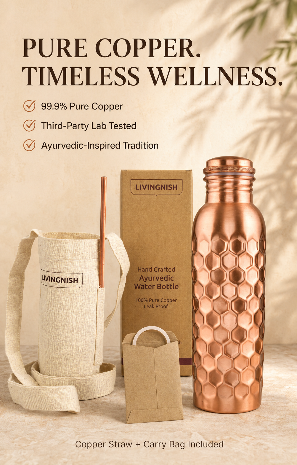 Honeycomb 100% Pure Ayurvedic Copper Water Bottle with Free Straw and Canvas Bag