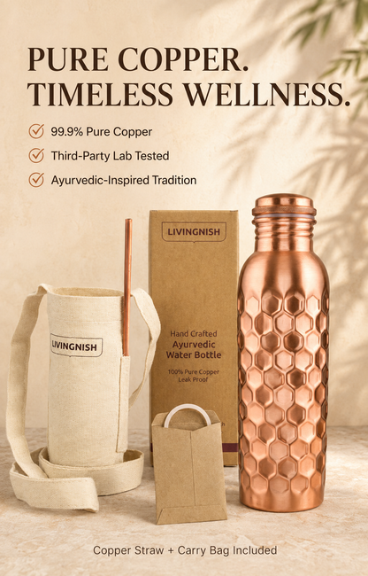 Honeycomb 100% Pure Ayurvedic Copper Water Bottle with Free Straw and Canvas Bag