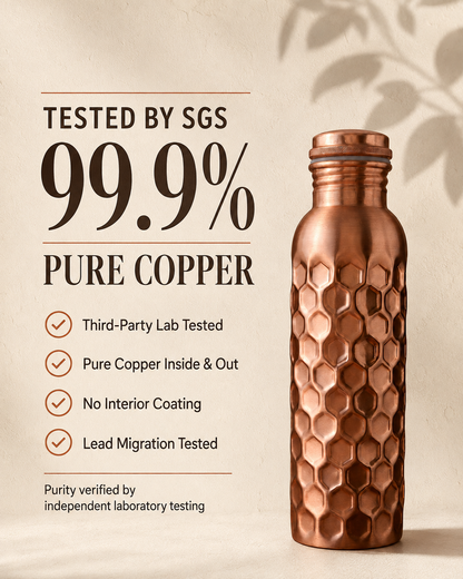Honeycomb 100% Pure Ayurvedic Copper Water Bottle with Free Straw and Canvas Bag