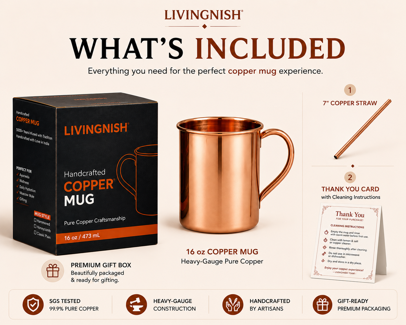 100% Pure Copper Mug with Copper Straw – 16 oz | Handcrafted Heavy-Gauge Moscow Mule Cup | Ayurvedic-Inspired Drinkware