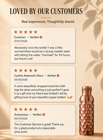Honeycomb 100% Pure Ayurvedic Copper Water Bottle with Free Straw and Canvas Bag