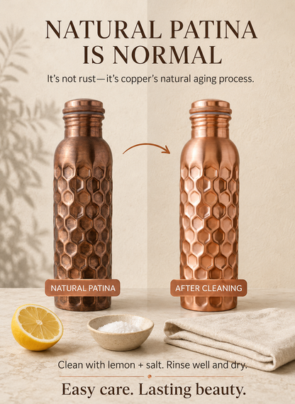 Honeycomb 100% Pure Ayurvedic Copper Water Bottle with Free Straw and Canvas Bag