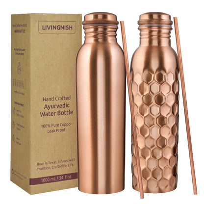 Pure Copper Water Bottle, 8 Pcs Set CLHN(2 Bottle, 2 Straw,2 Extra Silicon Ring and 2 Cloth bags)