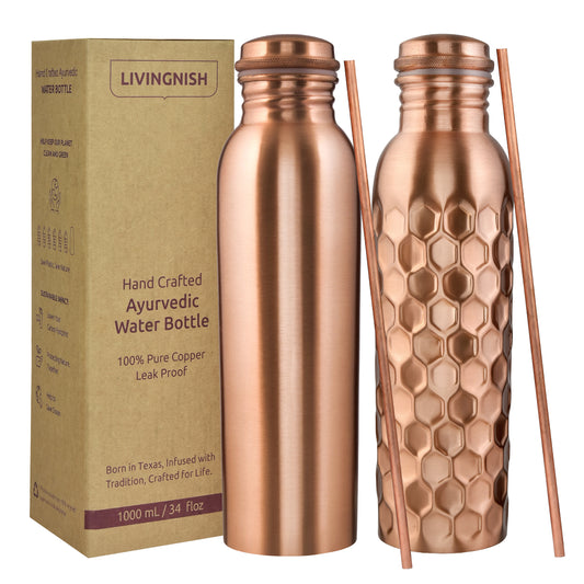 Pure Copper Water Bottle, 8 Pcs Set CLHN(2 Bottle, 2 Straw,2 Extra Silicon Ring and 2 Cloth bags)