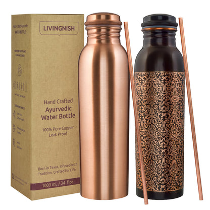Pure Copper Water Bottle, 8 Pcs Set CLAQ(2 Bottle, 2 Straw,2 Extra Silicon Ring and 2 Cloth bags)