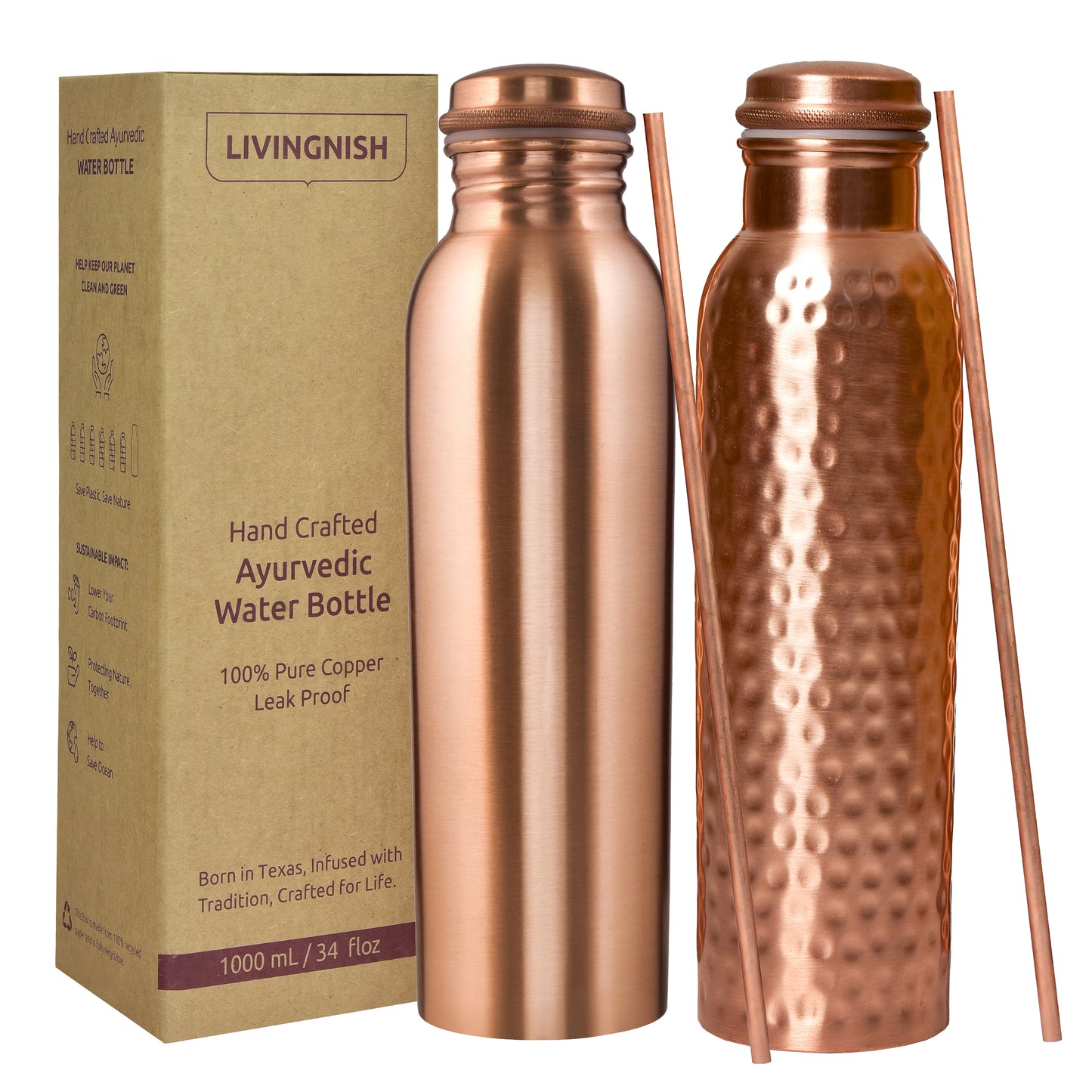 Pure Copper Water Bottle, 8 Pcs Set CLHM(2 Bottle, 2 Straw,2 Extra Silicon Ring and 2 Cloth bags)