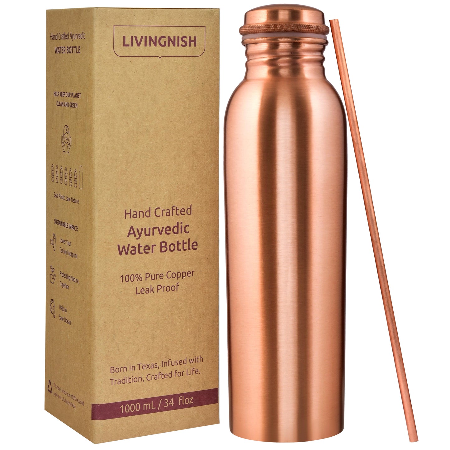 Classic 100% Pure Copper Water Bottle- 34 OZ