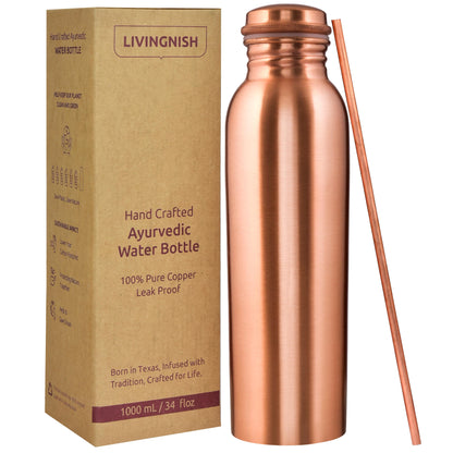 Classic 100% Pure Copper Water Bottle- 34 OZ