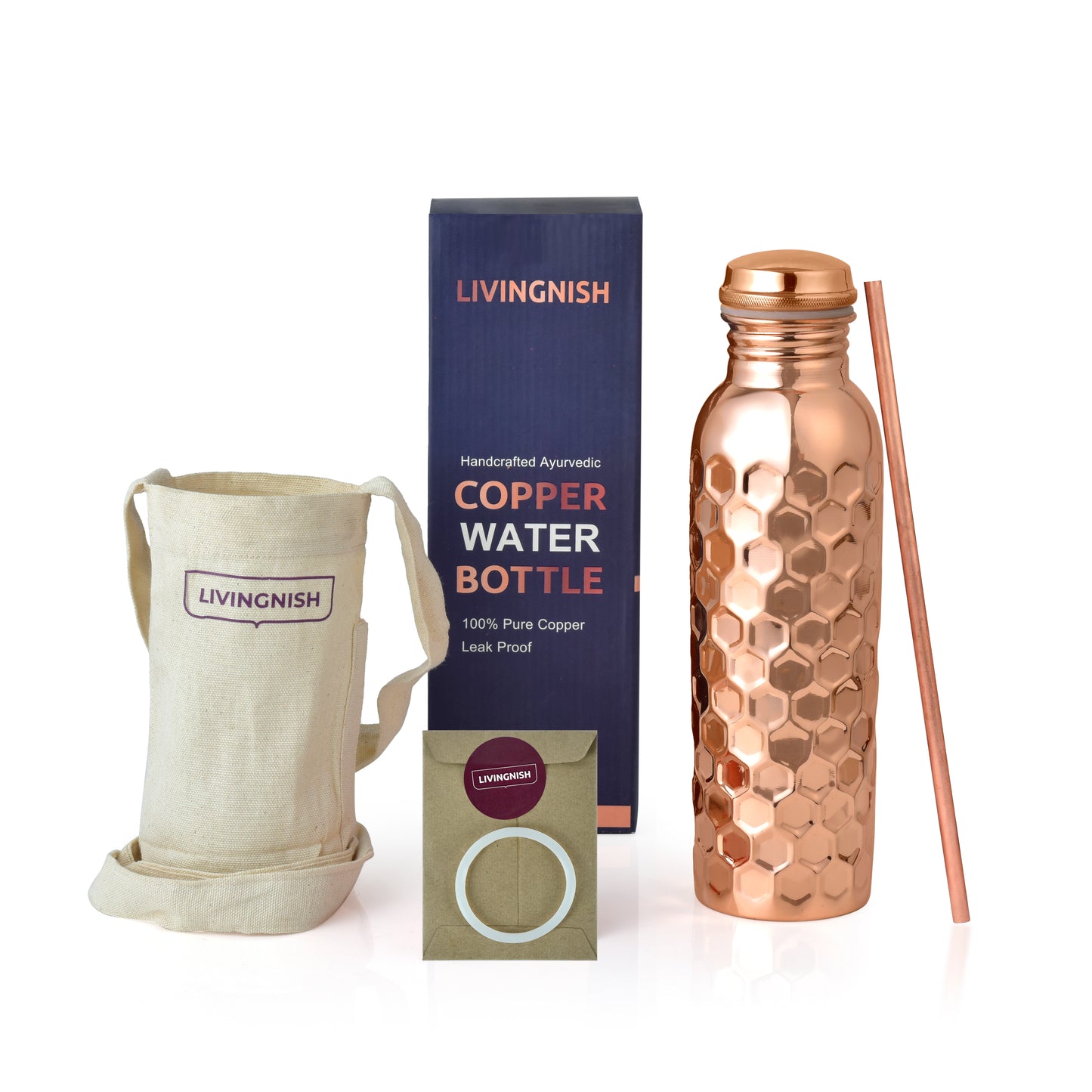 Honeycomb (Shiny) 100% Pure Ayurvedic Copper Water Bottle with Free Straw and Canvas Bag