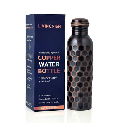 Honeycomb 100% Pure Ayurvedic Copper Water Bottle with Free Straw and Canvas Bag