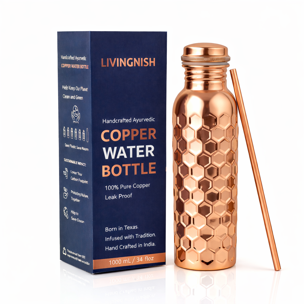 Honeycomb 100% Pure Ayurvedic Copper Water Bottle with Free Straw and Canvas Bag
